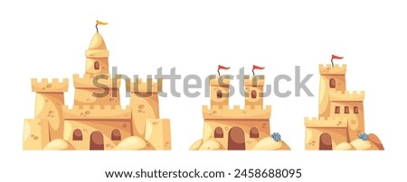 Cartoon Vector Sandcastles With Detailed Turrets, Arches, And Flags, Evoking Creativity, Fun, And Joys Of Summer Beach