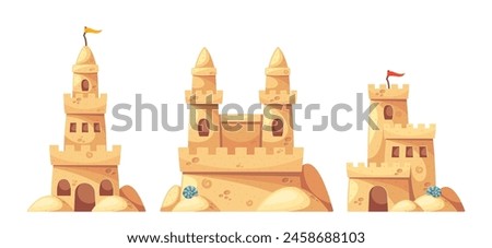 Intricate Sand Castles With Detailed Towers, Windows, And Flags. Colorful Vector Illustration of Sandcastles on Sea Side