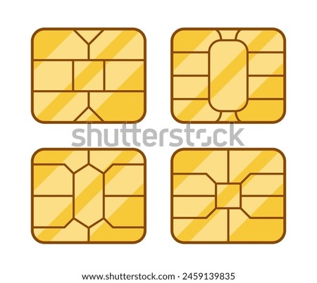 Four Different Golden Sim Cards Each Featuring Unique Internal Memory Circuit Designs and Formats, Vector Illustration