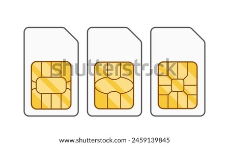 Sim Cards, Subscriber Identity Module Arranged Vertically. Three Vector Standard Size Small Chips In Mobile Devices