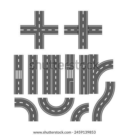 Set of Road Sections Including Straight, Curved, And Intersection Elements In A Monochrome Style, Vector