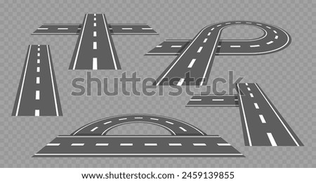 Vector Set Of Different Road Section Perspectives. Straight, Curved And Intersection Designs In Grayscale