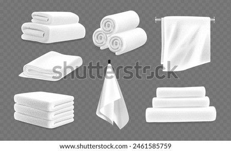 White Terry Towels, Including Rolled, Folded, And Hanging Types, Isolated On Transparent Background. Realistic 3d Vector