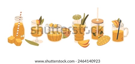 Freshly Prepared Mango Drinks. Vector Glasses, Including A Bottle, Wine Glass, Jar And Mug Filled With Yellow Cocktail