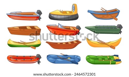 Isolated Collection of Wide Range Of Boats. Rowboats, Motorboats, Canoes, Inflatable Rafts. Cartoon Vector Illustration