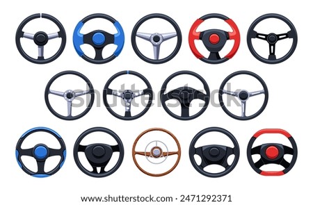 Collection Of Steering Wheels For Cars And Vehicles. Cartoon Vector Illustration Showcases Different Styles, Colors