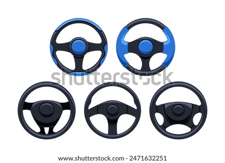 Collection Of Five Car Steering Wheels With Varying Designs, Detailing Modern Automotive Style, Cartoon Vector Set