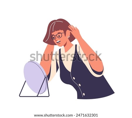 Worried Woman Character Looking At Her Gray Hair In Mirror. Cartoon Vector Concept Of Stress, Aging And Self-reflection