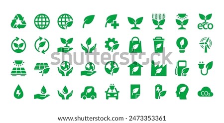 Big Vector Set Of Green-themed Ecology And Environment Icons Representing Recycling, Sustainability, Renewable Energy