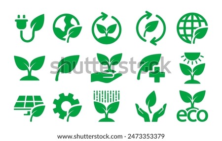 Set Of Green Ecology Vector Icons Symbolizing Eco-friendly Practices, Sustainability, Renewable Energy And Conservation