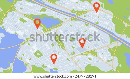 City Map Featuring Location Markers, Roadways, Green Spaces, Water Bodies. Vector Illustration For Navigation Concepts