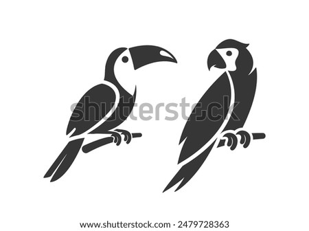 Minimalist Black And White Bird Icons Showcasing A Toucan And Parrot Perched On Branches, Vector Illustrations