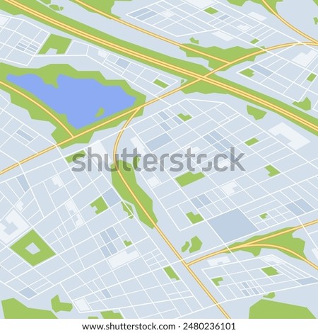 Stylized City Map Showing Roadways, Water Bodies And Park Areas. Vector Illustration For Urban Planning, Navigation