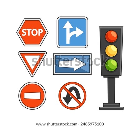 Collection Of Cartoon-style Traffic Signs, Including Stop Sign, Yield Sign, And Directional Arrows Design Elements