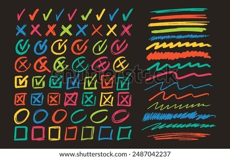 Collection Of Colorful Hand-drawn Check Marks, X Marks, Squares And Lines On Black Background. Sketches And Drawings