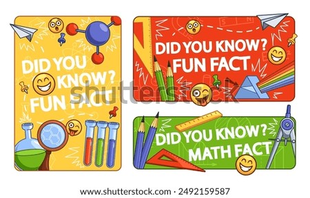 Colorful Fun Fact Posters With Engaging Illustrations Related To Science And Math. Cartoon Vector Banners For Education