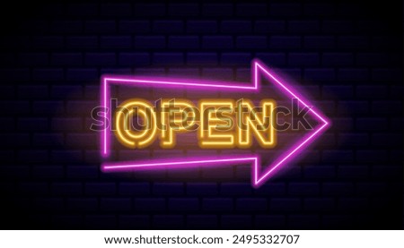 Bright Neon Sign With A Glowing Open Message And A Purple Arrow Pointing Right Against A Dark Brick Wall Background