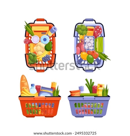 Four Grocery Baskets Filled With Fresh Produce And Packaged Food Items Top And Front View, Vector Image