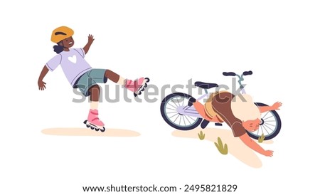 Two Children Falling, One Off Roller Skates And The Other From A Bicycle. Cartoon Vector Illustration of Outdoor Mishap