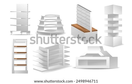 Collection Of Various White Retail Display Racks And Shelves Designed For Store Organization And Product Display