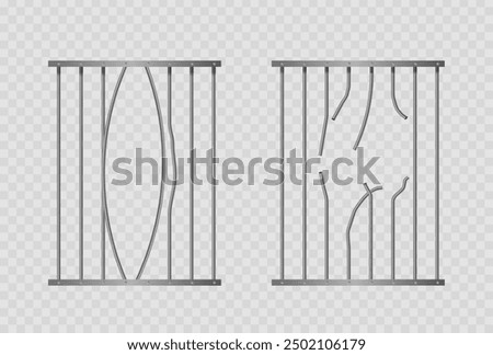 Two Sets Of Prison Bars, One Set Bent And The Other Broken, Isolated On A Transparent Background. Realistic 3d Vector