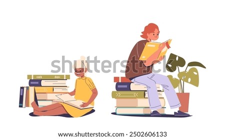 Two Children Reading Books In Different Poses. One Child Is Sitting On The Floor With An Open Book