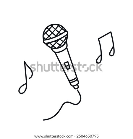 Simple Outline Drawing Of A Microphone And Music Notes Isolated On A White Background Representing Music