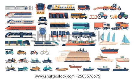 Big Set Of Various Transportation Including Train, Bus, Truck, Ships, Boats, And Vehicles. Cartoon Vector Illustration