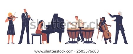 Symphony Orchestra With Musicians Playing Various Instruments Led By A Conductor Isolated on White, Vector Illustration