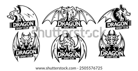 Collection Of Black And White Dragon Sport Club Logos Depicting Fierce Dragons In Athletic Poses. Monochrome Emblems