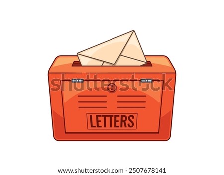 Red British Mailbox With Envelope Depicts Postal Service And Communication. Bright Box With Slot For Mail