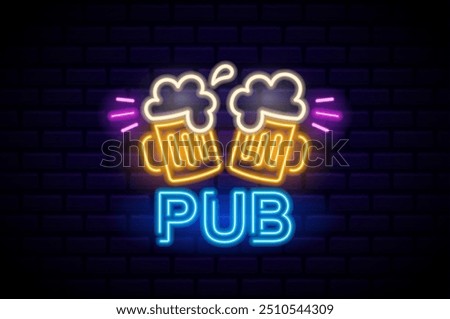 Bright And Colorful Retro Neon Sign Depicting Two Beer Mugs With Foam And The Word Pub Set Against A Dark Brick Wall