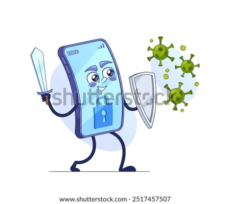 Digital Smartphone Character With A Lock Symbol Fights Off Viruses Using A Sword And Shield. Cartoon Vector Illustration