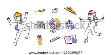 Vector Doodle Illustration Featuring Children Characters Celebrating Joy Of Returning To School With Educational Items