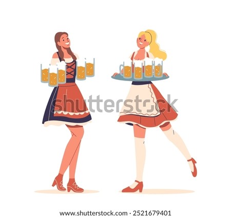 Two Smiling Women In Traditional German Costumes Holding Trays Of Beer dressed in Oktoberfest-Themed Attire