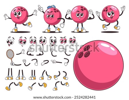 Set Of Retro Style Cartoon Bowling Ball Characters With Various Expressions And Poses, Facial Emojis And Accessories