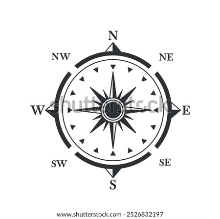 Compass Rose Featuring Cardinal Directions And Sub-directions In A Black And White Design, Vector Symbol