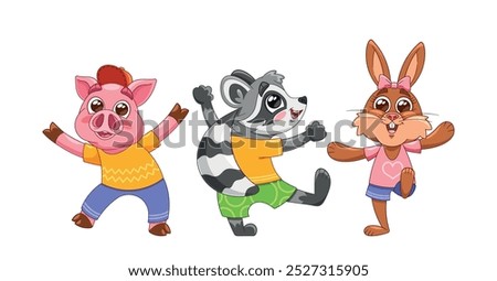 Charming Cartoon Animals Joyfully Dancing Together. Illustration of Pig, Raccoon, Rabbit Show Off Their Energetic Moves