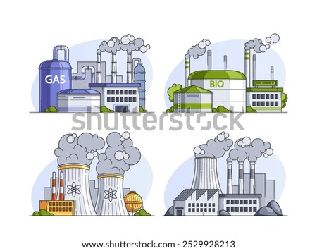 Different Types Of Electricity Generation Plants Including Gas, Bio, Nuclear And Coal. Concept Of Energy Production