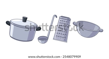 Saucepan with lid, colander, soup ladle spoon, kitchen grater isolated steel cooking utensils set