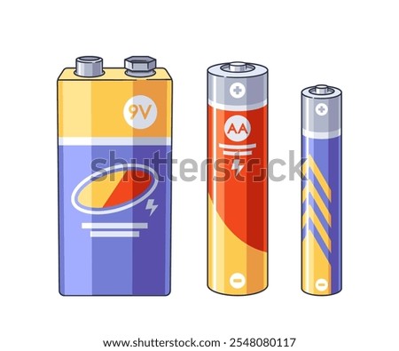 9-volt, AA., little finger batteries for different purpose and usage isolated on white background