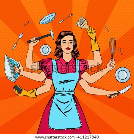 Successful Housewife. Multitasking Woman. Perfect Wife. Pop Art. Vector illustration