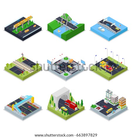 Isometric Urban Infrastructure with Roads, Crossroad, Cars and Bridge. City Traffic. Vector flat 3d illustration