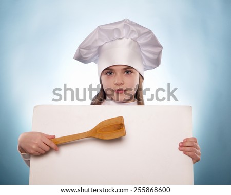 the girl with hat chefs and billboards isolated on the blue background