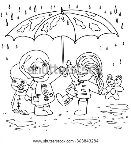 The Children Hid Under An Umbrella From The Rain Outline Cartoon Hand ...