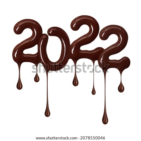 Date of the New Year 2022 made of melted chocolate, isolated on white background 