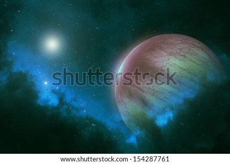 Distant planet with bright stars in deep space galaxy - human Mars colony