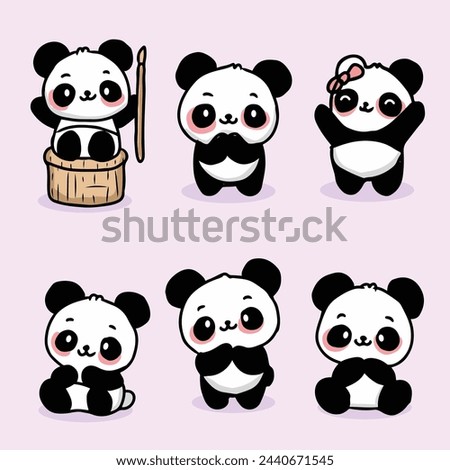 hand drawn cute panda cartoon character set