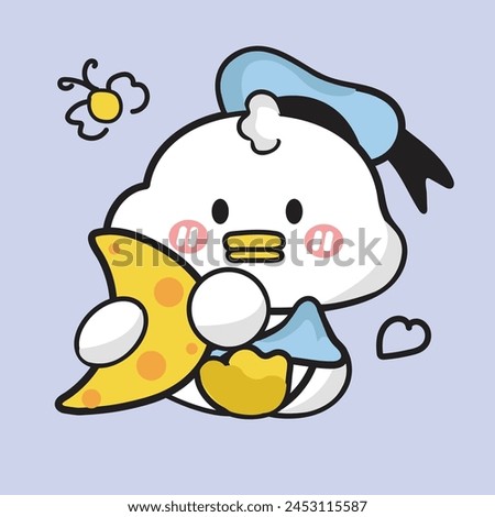 cute duck is sitting with hug a moon dool cartoon character 