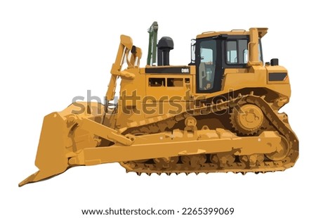 Big yellow front-end loader or all metal steel wheel bulldozer isolated on white background. Heavy equipment machine and manufacturing equipment for open pit mining